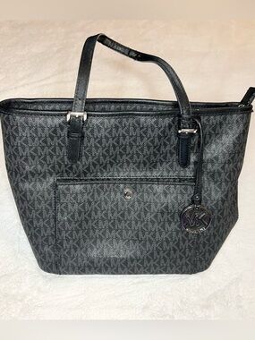 Michael Kors Black Signature MK Logo Jet Set Tote Bag with Front Pocket